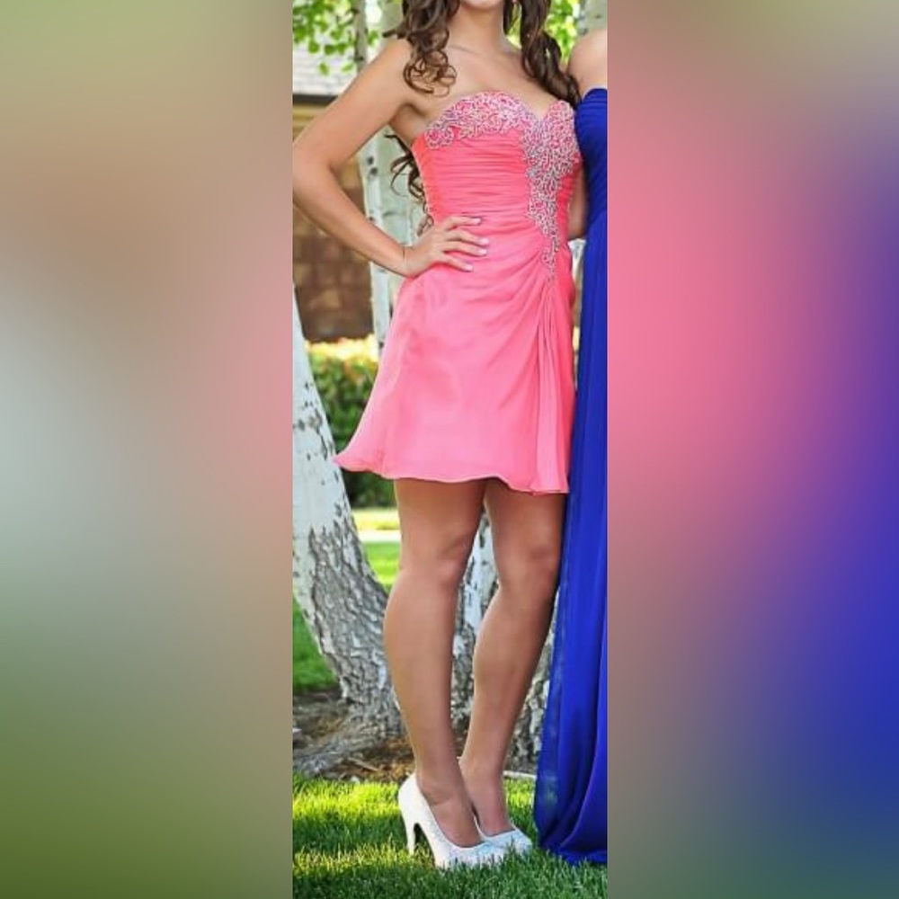 LaFemme Coral Prom Dress with Iridescent Stones